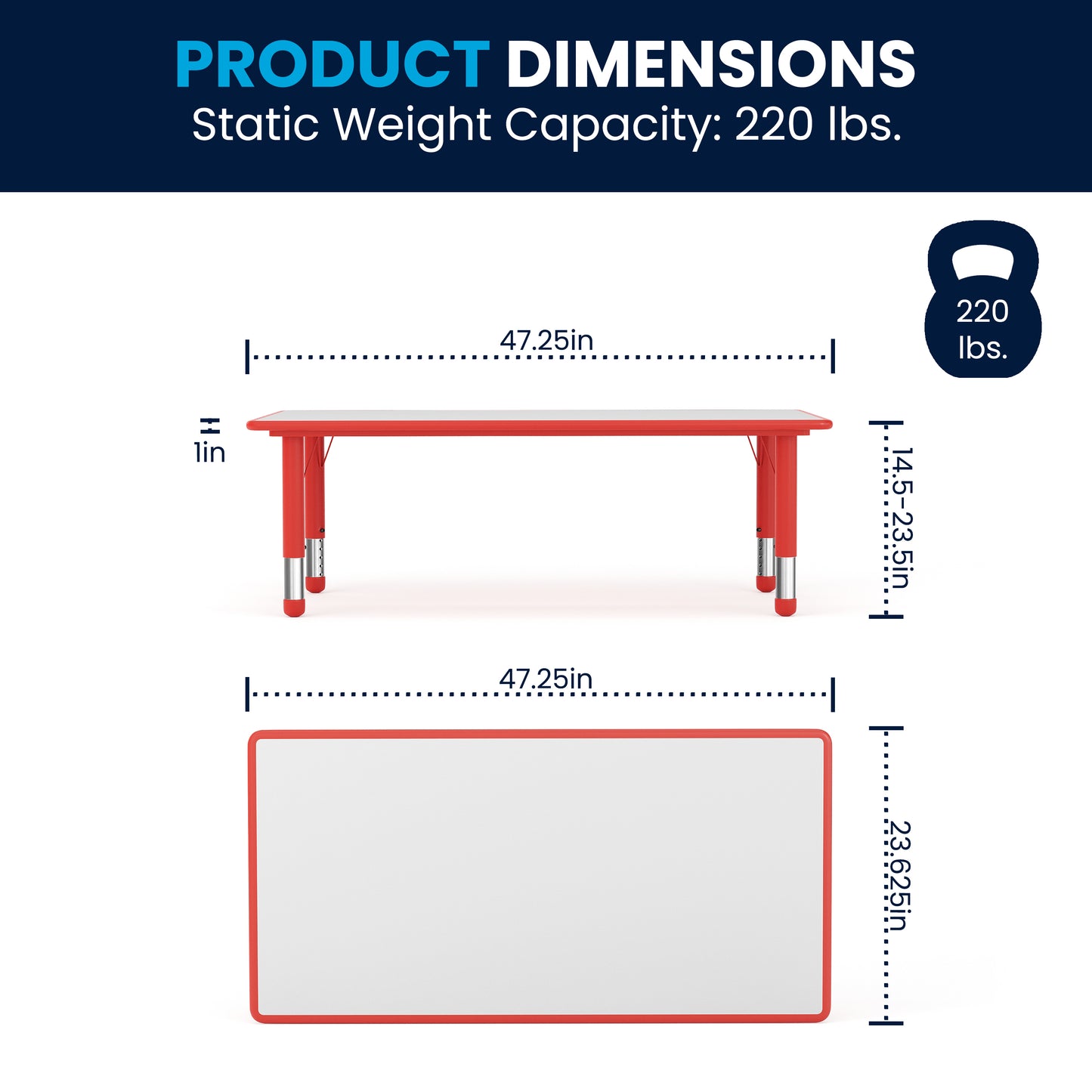 Wren Adjustable Height Kids Activity Table, Red/Gray Plastic, 23.6"W x 47.25"L, Rectangular, Table Only Red