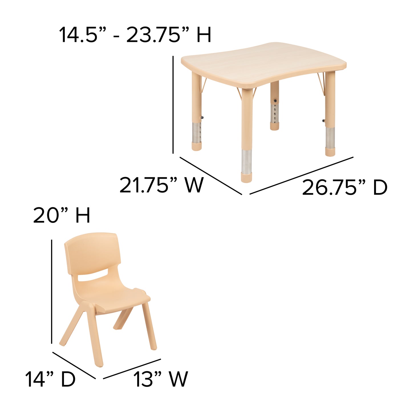 Emmy 21.875"W x 26.625"L Rectangular Natural Plastic Height Adjustable Activity Table Set with 2 Chairs Natural