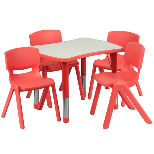 Emmy 21.875''W x 26.625''L Rectangular Red Plastic Height Adjustable Activity Table Set with 4 Chairs Red