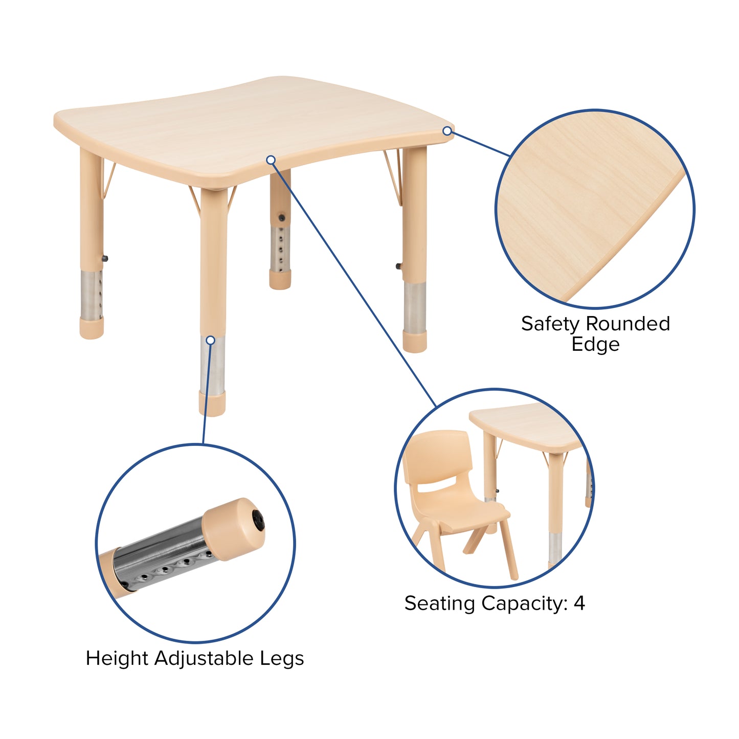 Wren 21.875"W x 26.625"L Rectangular Natural Plastic Height Adjustable Activity Table Natural