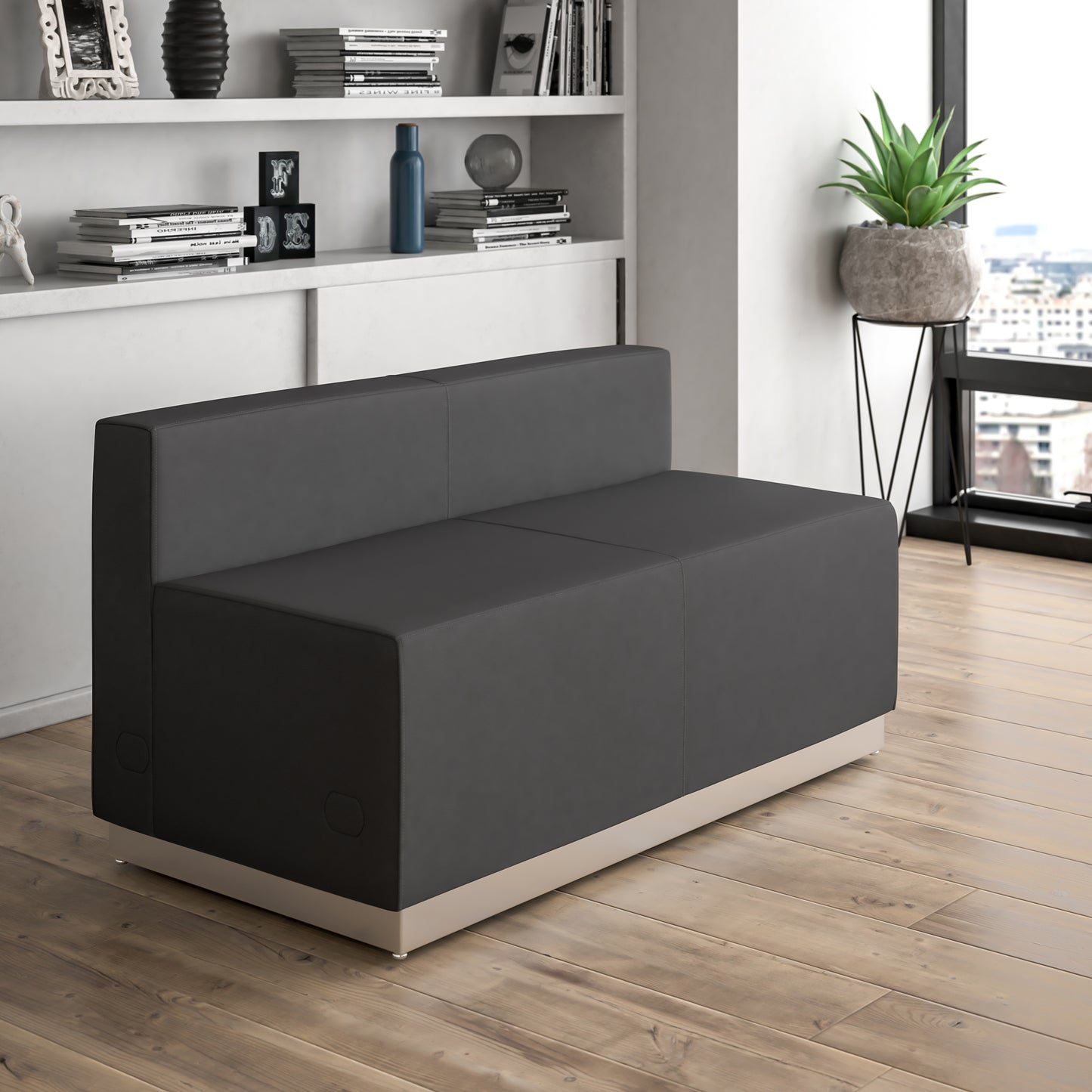 HERCULES Alon Series Black LeatherSoft Loveseat with Brushed Stainless Steel Base Black