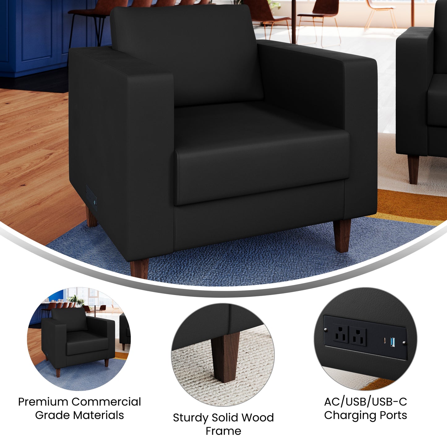 HERCULES Artemis Black LeatherSoft Reception Chair with 2 AC Outlets/1 USB/1 USB-C Ports and Solid Wood Walnut Legs with Adjustable Floor Glides Black