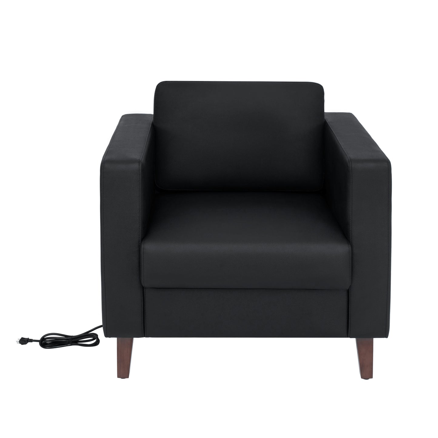 HERCULES Artemis Black LeatherSoft Reception Chair with 2 AC Outlets/1 USB/1 USB-C Ports and Solid Wood Walnut Legs with Adjustable Floor Glides Black