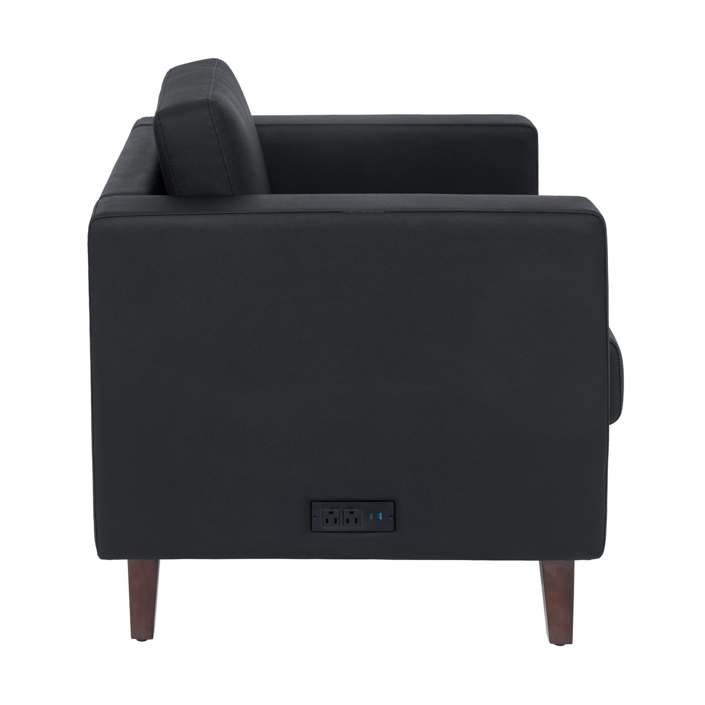 HERCULES Artemis Black LeatherSoft Reception Chair with 2 AC Outlets/1 USB/1 USB-C Ports and Solid Wood Walnut Legs with Adjustable Floor Glides Black