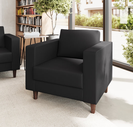 HERCULES Artemis Black LeatherSoft Reception Chair with 2 AC Outlets/1 USB/1 USB-C Ports and Solid Wood Walnut Legs with Adjustable Floor Glides Black