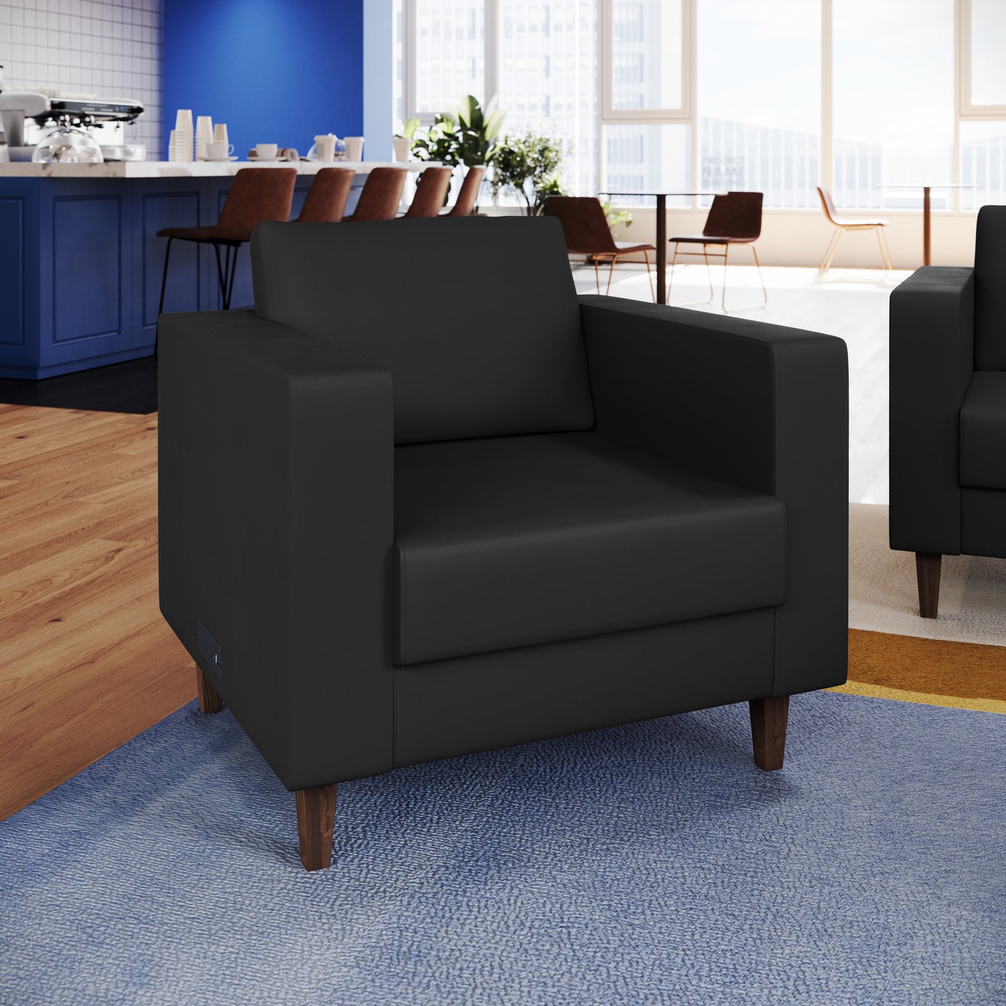 HERCULES Artemis Black LeatherSoft Reception Chair with 2 AC Outlets/1 USB/1 USB-C Ports and Solid Wood Walnut Legs with Adjustable Floor Glides Black