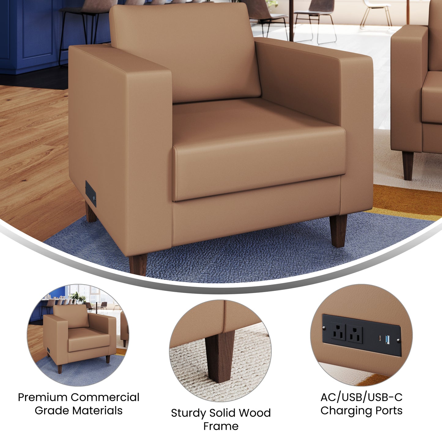 HERCULES Artemis Cognac LeatherSoft Reception Chair with 2 AC Outlets/USB/USB-C Ports and Solid Wood Walnut Legs with Adjustable Floor Glides Cognac