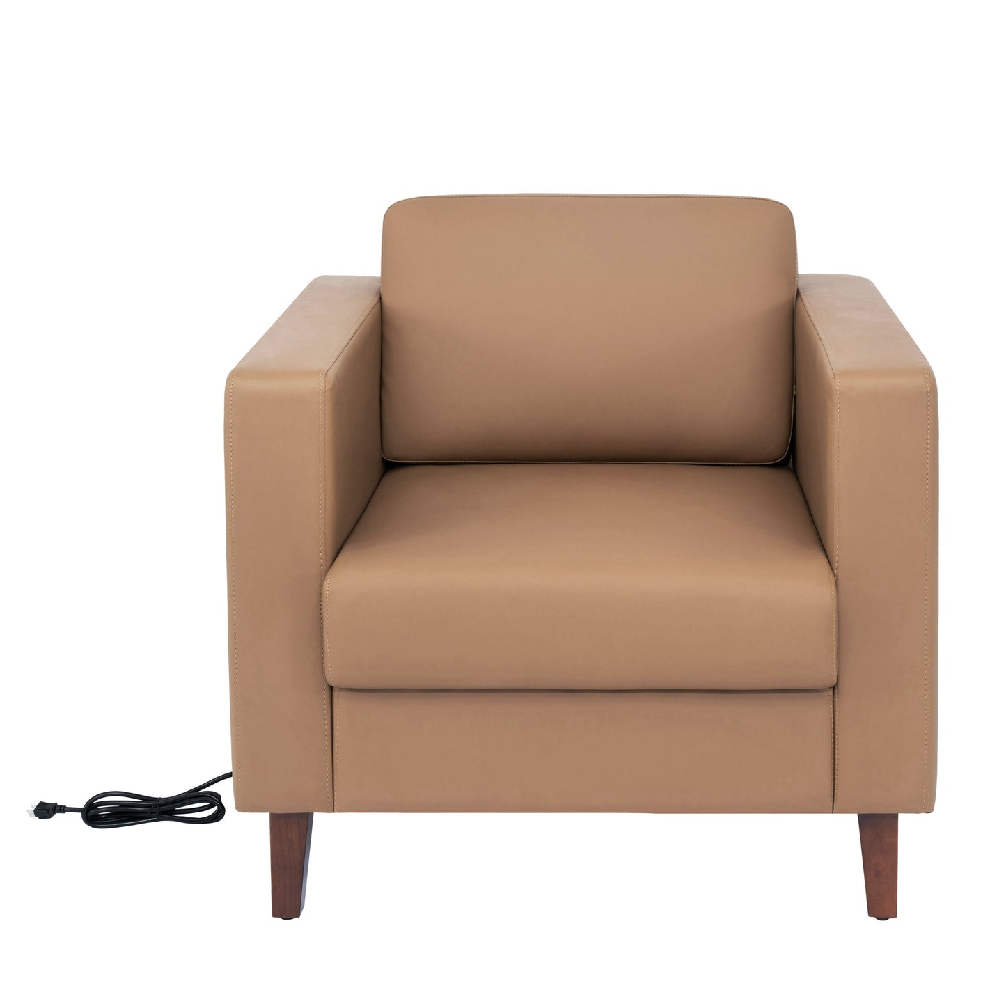 HERCULES Artemis 3 Piece Cognac LeatherSoft Reception Set, 8 AC Outlets/4 USB/4 USB-C Ports and Solid Walnut Wood Legs with Adjustable Floor Glides Cognac