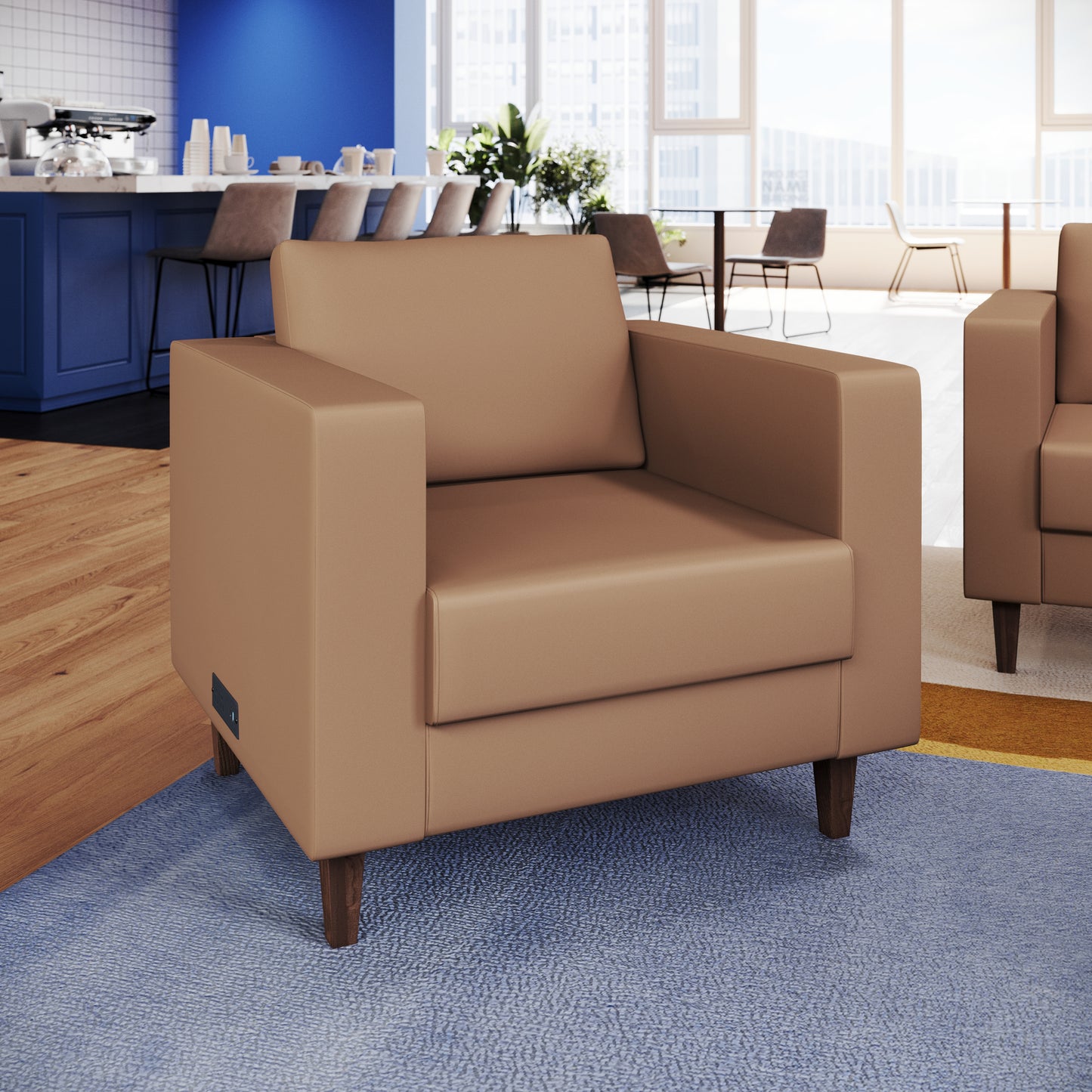 HERCULES Artemis Cognac LeatherSoft Reception Chair with 2 AC Outlets/USB/USB-C Ports and Solid Wood Walnut Legs with Adjustable Floor Glides Cognac