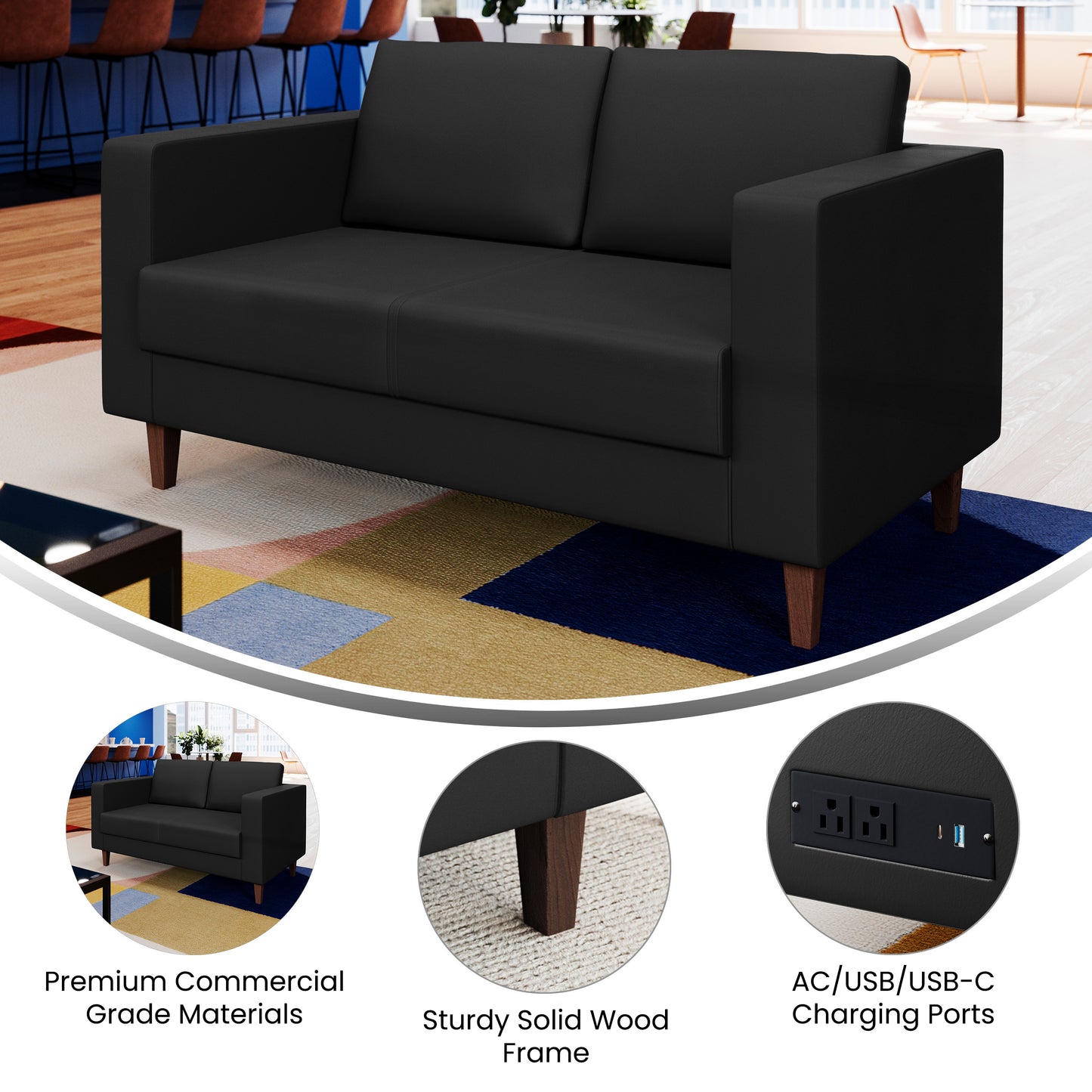 HERCULES Artemis Black LeatherSoft Reception Loveseat with 2 AC Outlets/1 USB/1 USB-C Ports and Solid Wood Walnut Legs with Adjustable Floor Glides Black