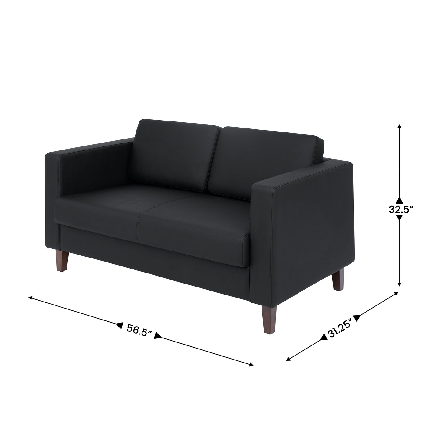 HERCULES Artemis Black LeatherSoft Reception Loveseat with 2 AC Outlets/1 USB/1 USB-C Ports and Solid Wood Walnut Legs with Adjustable Floor Glides Black