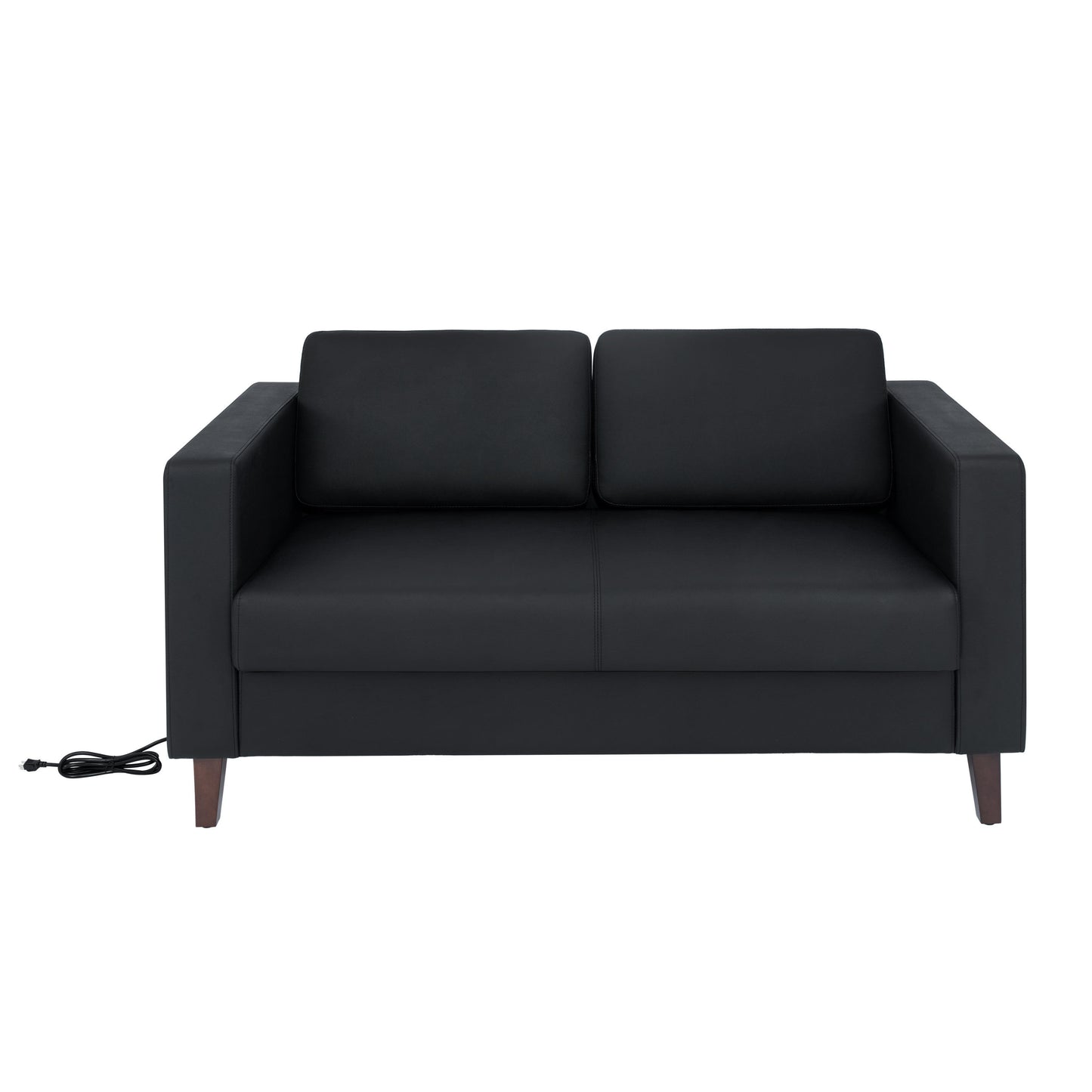 HERCULES Artemis Black LeatherSoft Reception Loveseat with 2 AC Outlets/1 USB/1 USB-C Ports and Solid Wood Walnut Legs with Adjustable Floor Glides Black