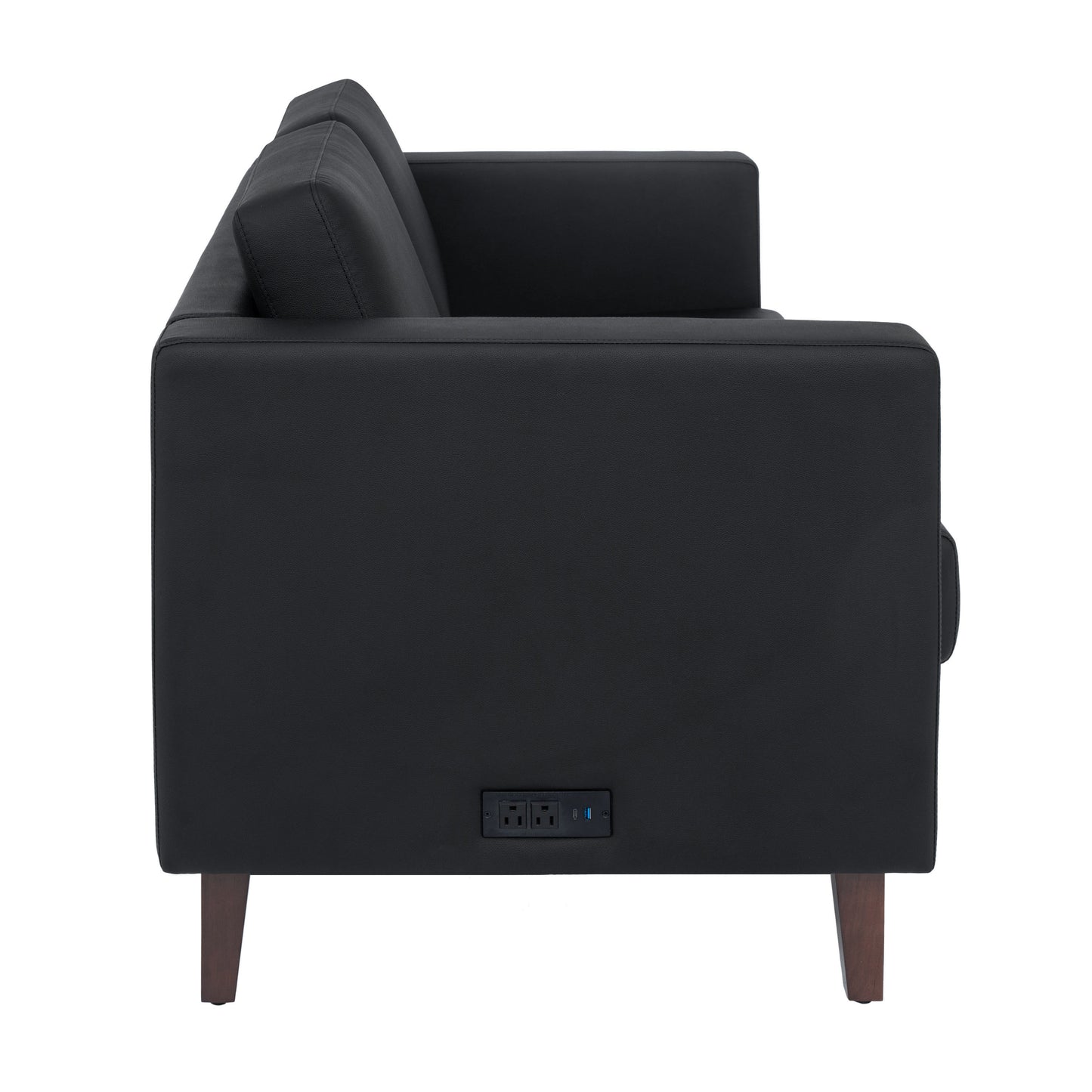HERCULES Artemis Black LeatherSoft Reception Loveseat with 2 AC Outlets/1 USB/1 USB-C Ports and Solid Wood Walnut Legs with Adjustable Floor Glides Black