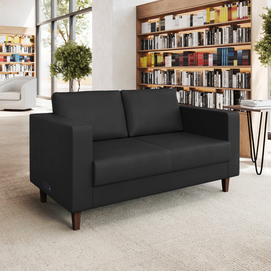 HERCULES Artemis Black LeatherSoft Reception Loveseat with 2 AC Outlets/1 USB/1 USB-C Ports and Solid Wood Walnut Legs with Adjustable Floor Glides Black