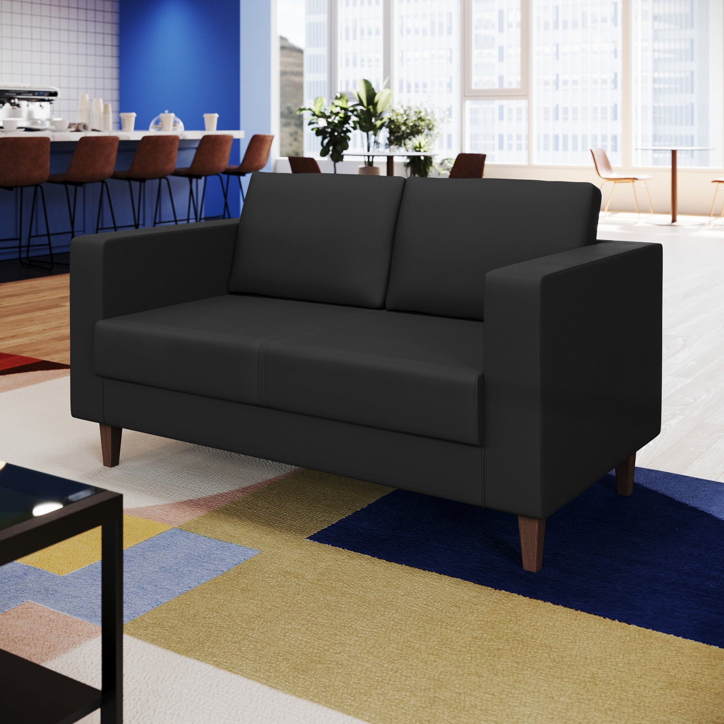 HERCULES Artemis Black LeatherSoft Reception Loveseat with 2 AC Outlets/1 USB/1 USB-C Ports and Solid Wood Walnut Legs with Adjustable Floor Glides Black