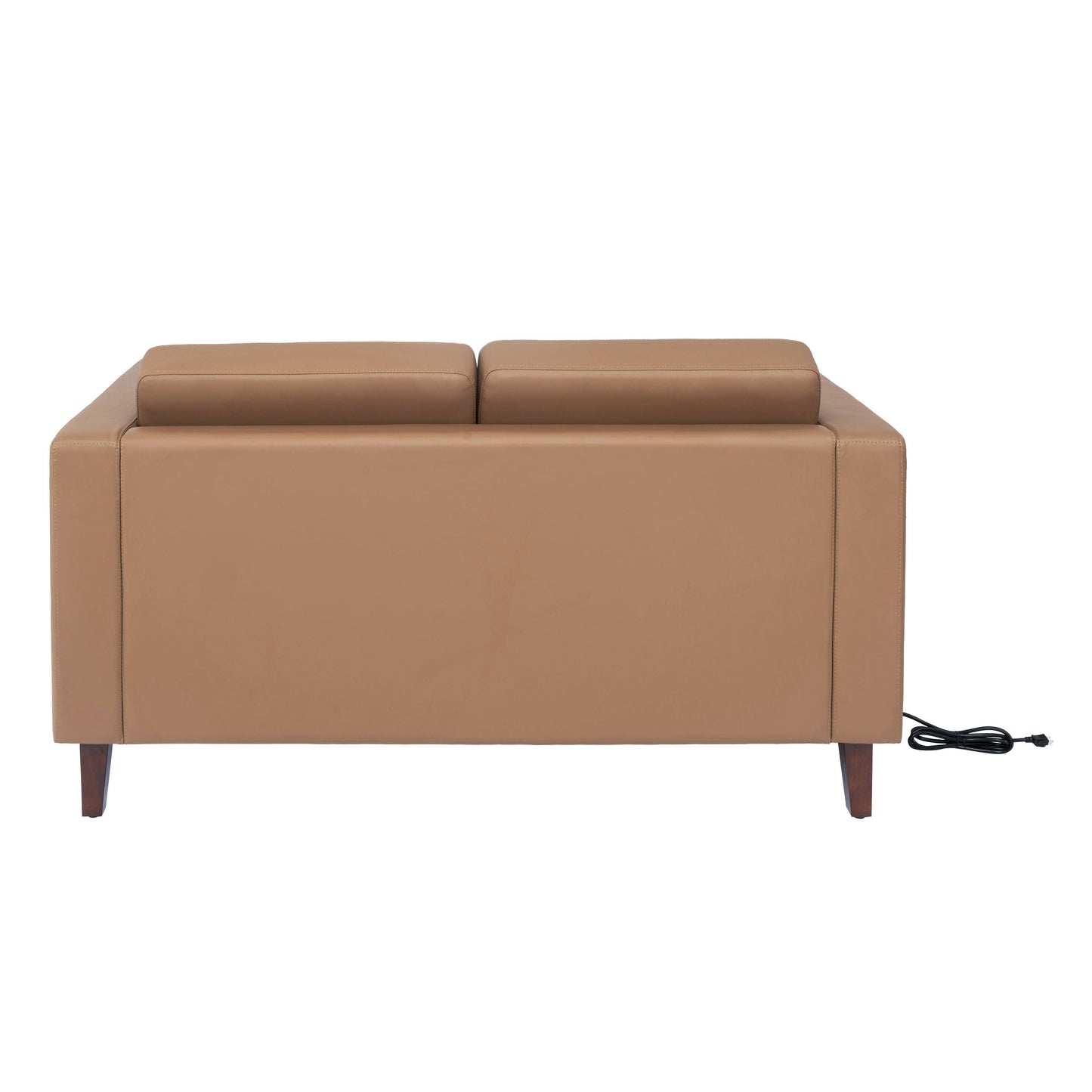 HERCULES Artemis Cognac LeatherSoft Reception Loveseat with 2 AC Outlets/1 USB/1 USB-C Ports and Solid Wood Walnut Legs with Adjustable Floor Glides Cognac