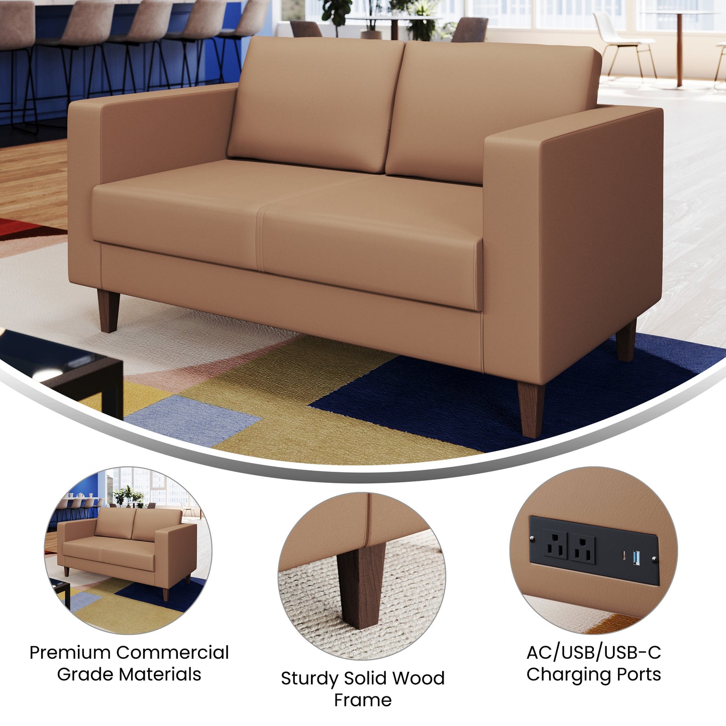 HERCULES Artemis Cognac LeatherSoft Reception Loveseat with 2 AC Outlets/1 USB/1 USB-C Ports and Solid Wood Walnut Legs with Adjustable Floor Glides Cognac