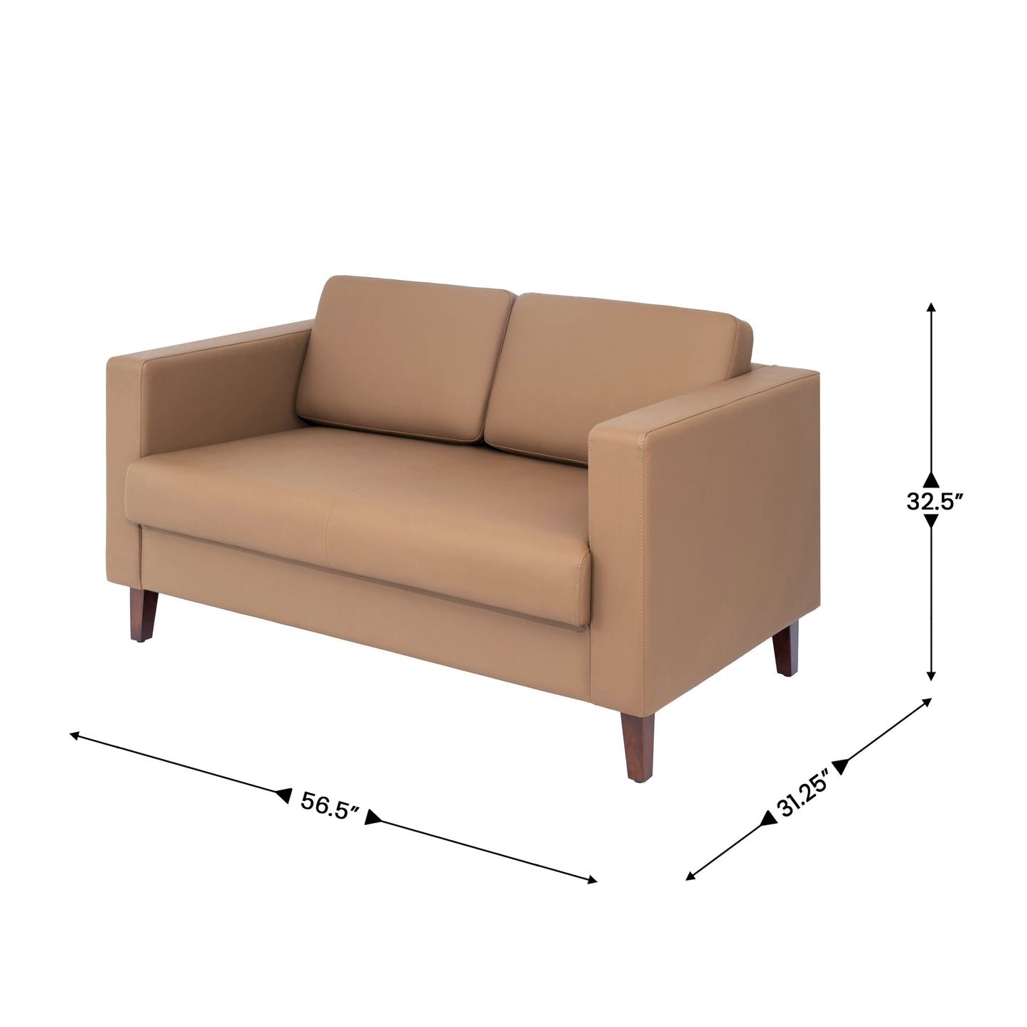 HERCULES Artemis Cognac LeatherSoft Reception Loveseat with 2 AC Outlets/1 USB/1 USB-C Ports and Solid Wood Walnut Legs with Adjustable Floor Glides Cognac