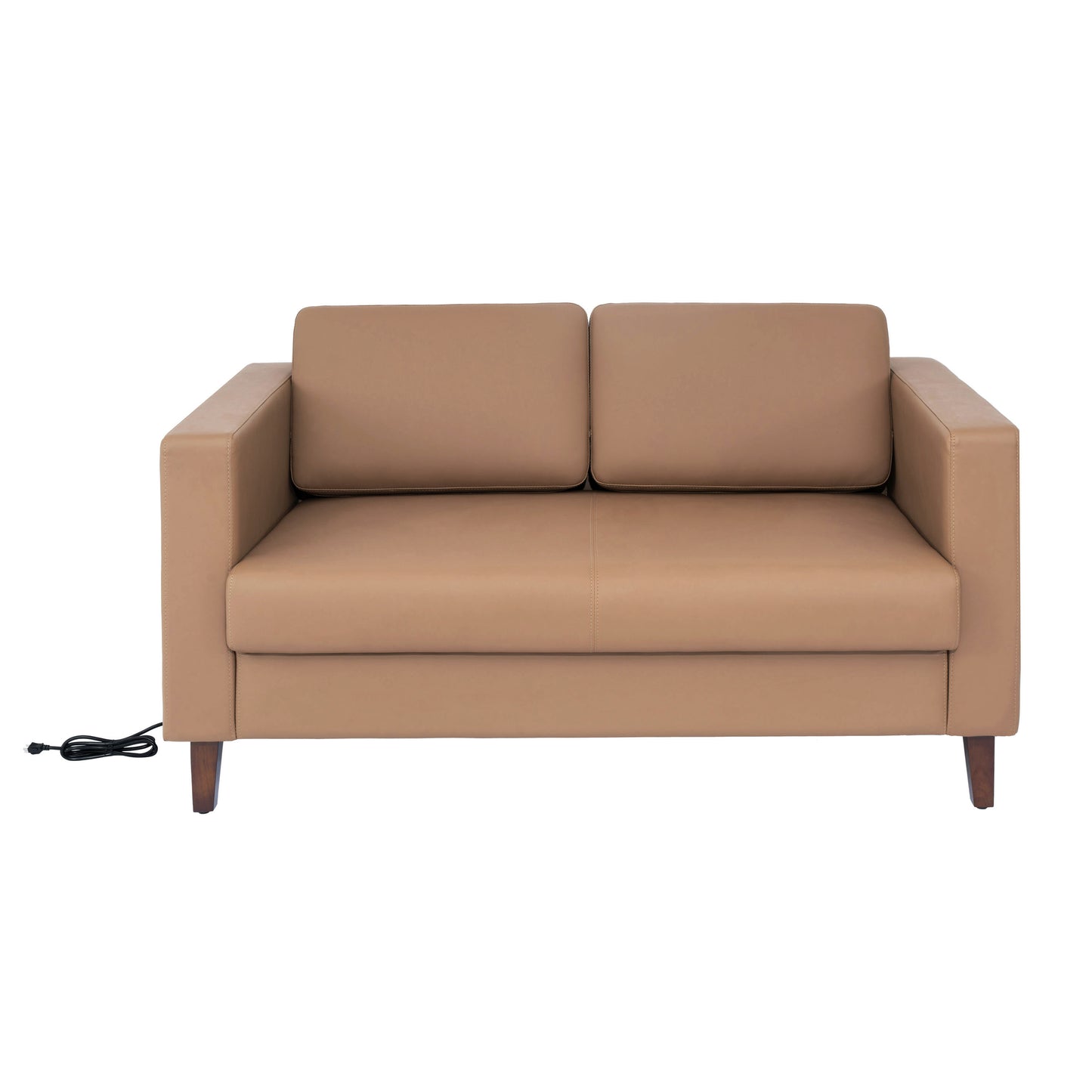 HERCULES Artemis Cognac LeatherSoft Reception Loveseat with 2 AC Outlets/1 USB/1 USB-C Ports and Solid Wood Walnut Legs with Adjustable Floor Glides Cognac