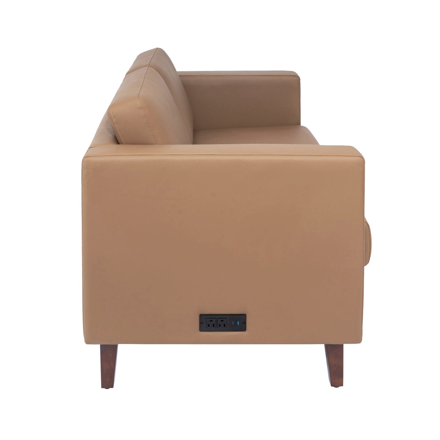 HERCULES Artemis Cognac LeatherSoft Reception Loveseat with 2 AC Outlets/1 USB/1 USB-C Ports and Solid Wood Walnut Legs with Adjustable Floor Glides Cognac