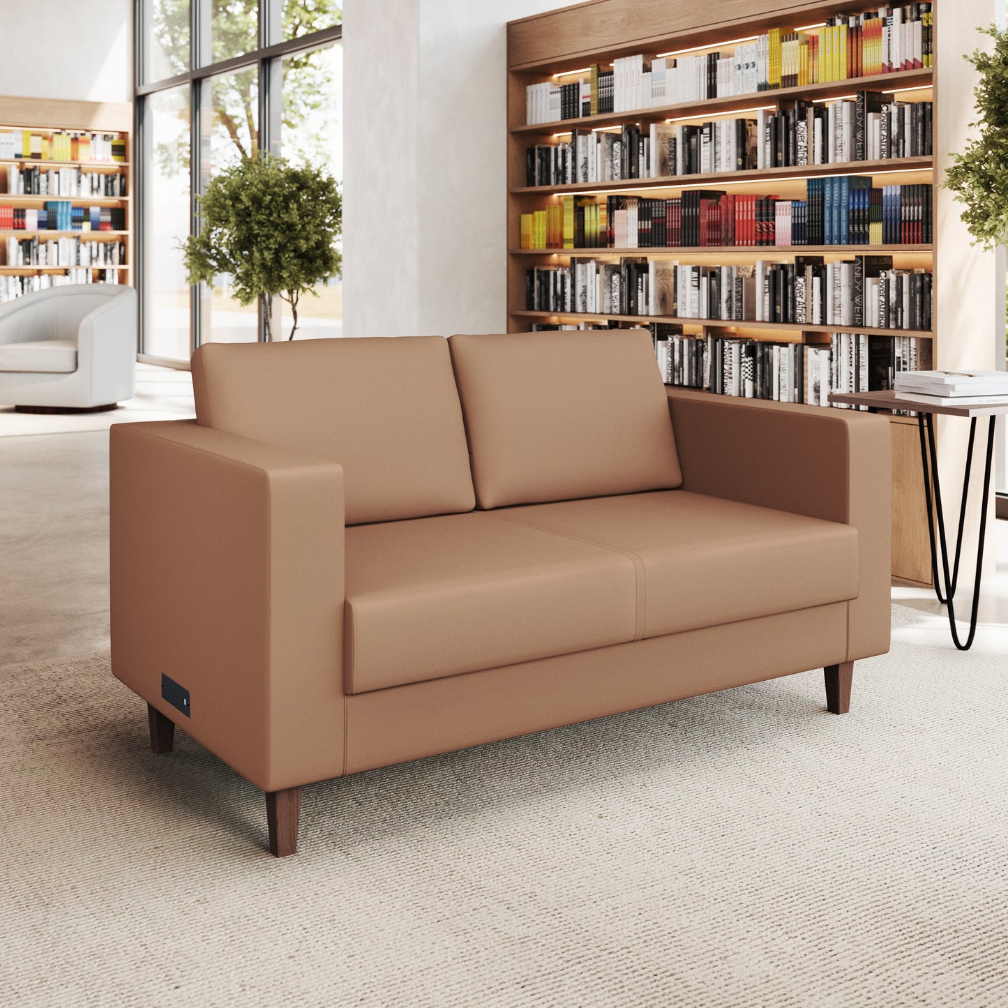 HERCULES Artemis Cognac LeatherSoft Reception Loveseat with 2 AC Outlets/1 USB/1 USB-C Ports and Solid Wood Walnut Legs with Adjustable Floor Glides Cognac