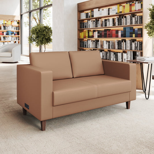 HERCULES Artemis Cognac LeatherSoft Reception Loveseat with 2 AC Outlets/1 USB/1 USB-C Ports and Solid Wood Walnut Legs with Adjustable Floor Glides Cognac