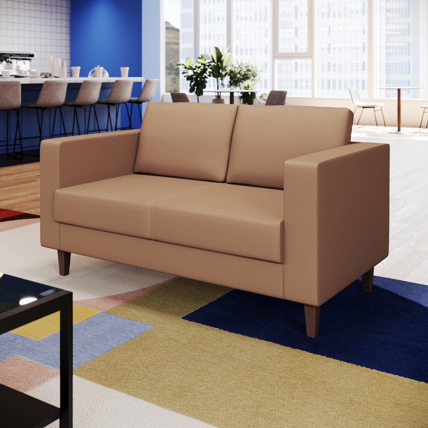 HERCULES Artemis Cognac LeatherSoft Reception Loveseat with 2 AC Outlets/1 USB/1 USB-C Ports and Solid Wood Walnut Legs with Adjustable Floor Glides Cognac