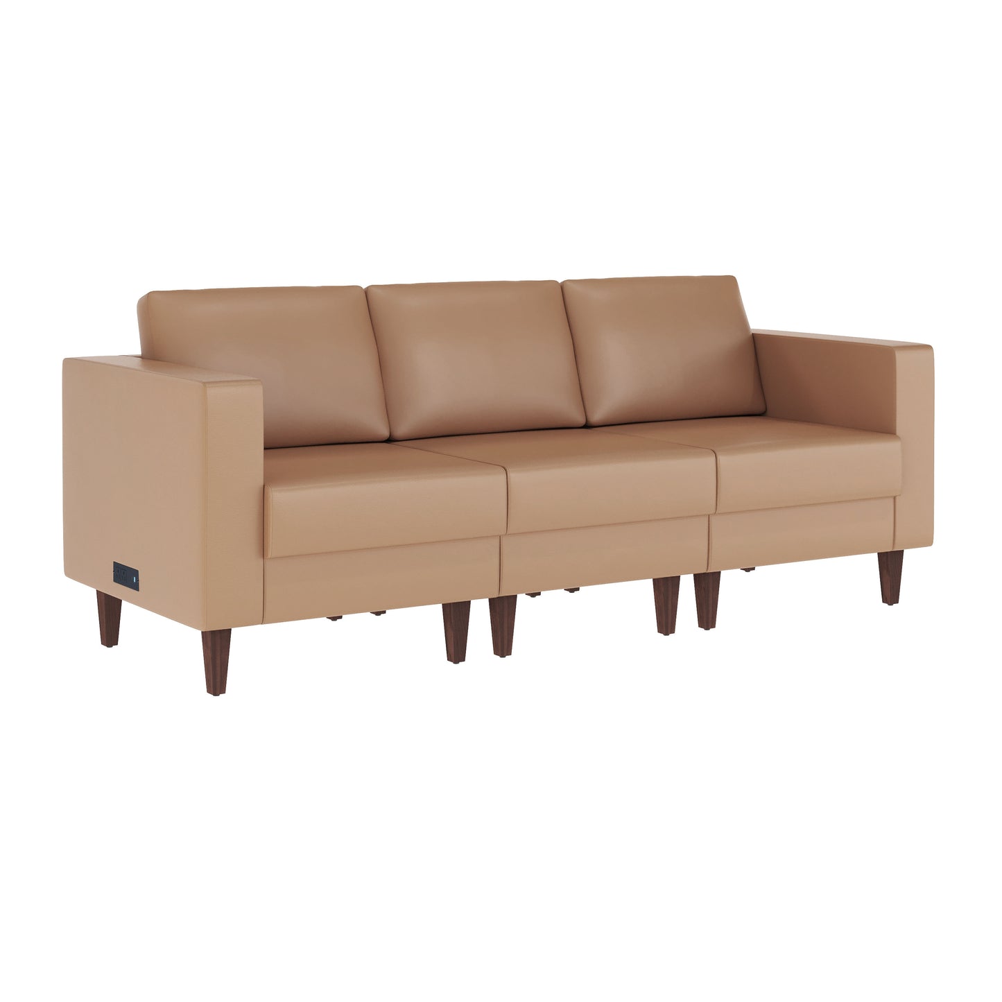 HERCULES Artemis Cognac LeatherSoft Reception Sofa with 4 AC Outlets/2 USB/2 USB-C Ports and Solid Wood Walnut Legs with Adjustable Floor Glides Cognac ZB-8921-3S-COGNAC-GG