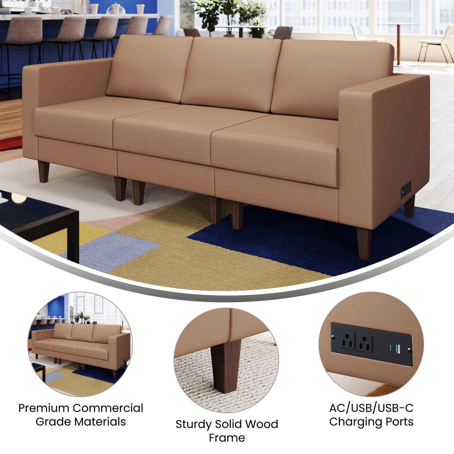 HERCULES Artemis Cognac LeatherSoft Reception Sofa with 4 AC Outlets/2 USB/2 USB-C Ports and Solid Wood Walnut Legs with Adjustable Floor Glides Cognac ZB-8921-3S-COGNAC-GG