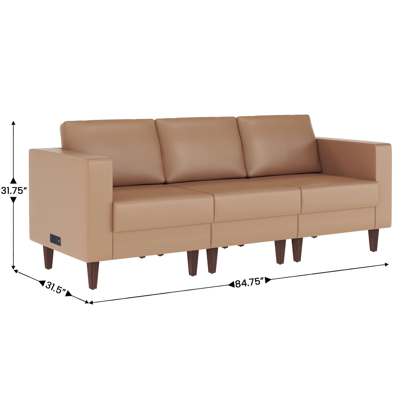 HERCULES Artemis Cognac LeatherSoft Reception Sofa with 4 AC Outlets/2 USB/2 USB-C Ports and Solid Wood Walnut Legs with Adjustable Floor Glides Cognac ZB-8921-3S-COGNAC-GG