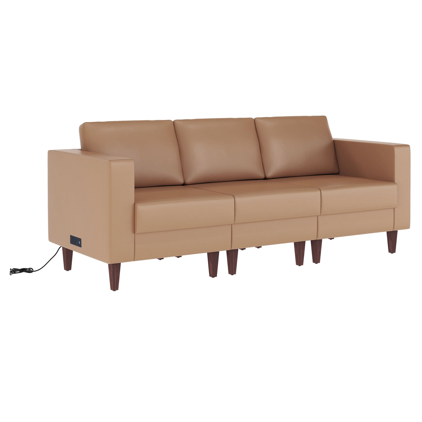 HERCULES Artemis Cognac LeatherSoft Reception Sofa with 4 AC Outlets/2 USB/2 USB-C Ports and Solid Wood Walnut Legs with Adjustable Floor Glides Cognac ZB-8921-3S-COGNAC-GG