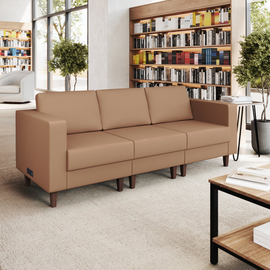 HERCULES Artemis Cognac LeatherSoft Reception Sofa with 4 AC Outlets/2 USB/2 USB-C Ports and Solid Wood Walnut Legs with Adjustable Floor Glides Cognac
