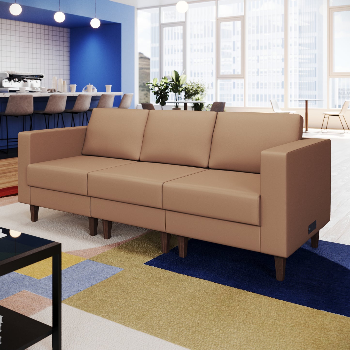 HERCULES Artemis Cognac LeatherSoft Reception Sofa with 4 AC Outlets/2 USB/2 USB-C Ports and Solid Wood Walnut Legs with Adjustable Floor Glides Cognac ZB-8921-3S-COGNAC-GG