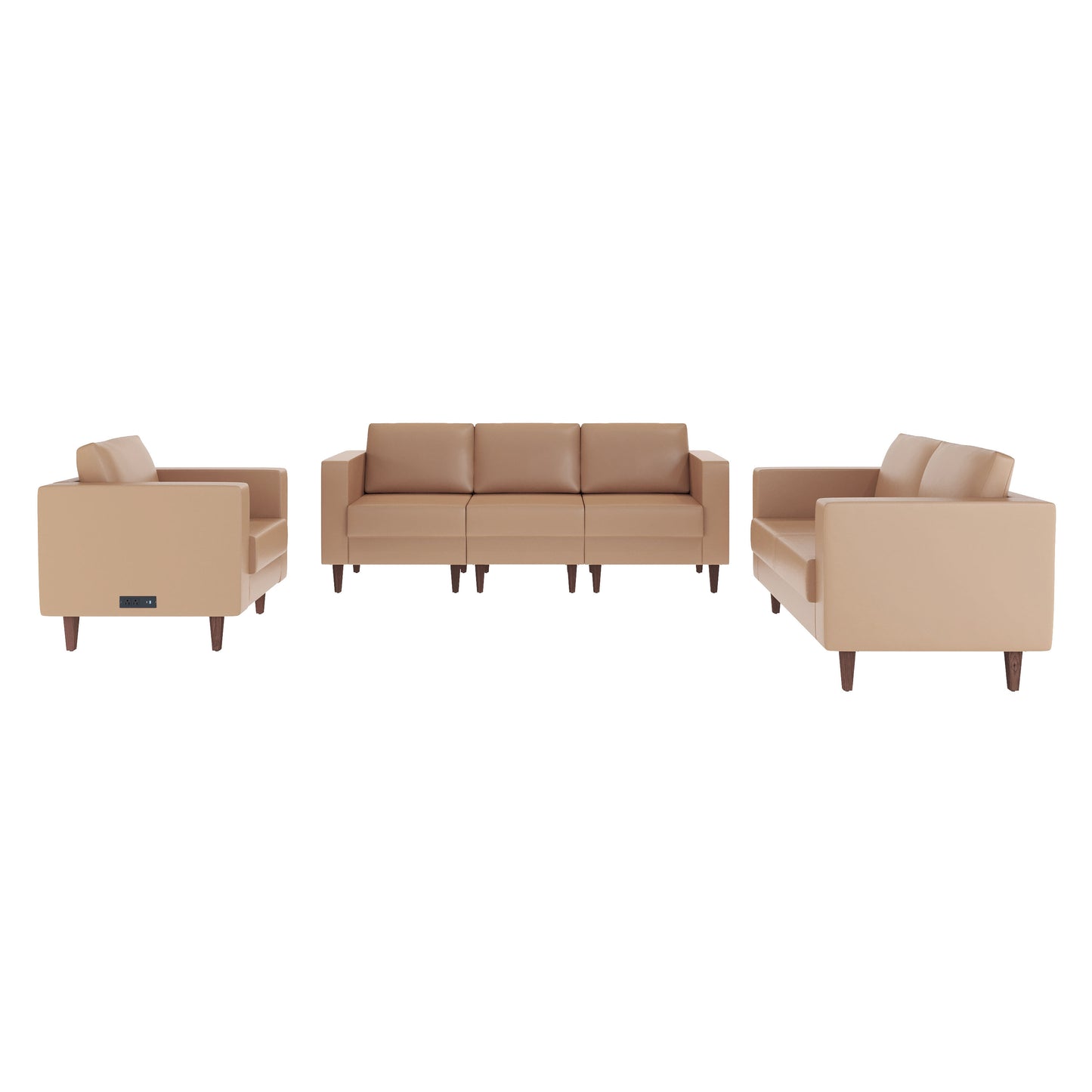 HERCULES Artemis 3 Piece Cognac LeatherSoft Reception Set, 8 AC Outlets/4 USB/4 USB-C Ports and Solid Walnut Wood Legs with Adjustable Floor Glides Cognac
