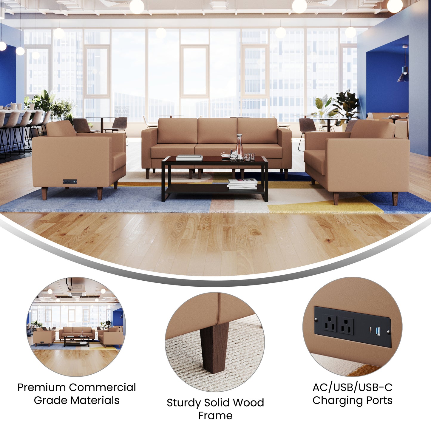 HERCULES Artemis 3 Piece Cognac LeatherSoft Reception Set, 8 AC Outlets/4 USB/4 USB-C Ports and Solid Walnut Wood Legs with Adjustable Floor Glides Cognac