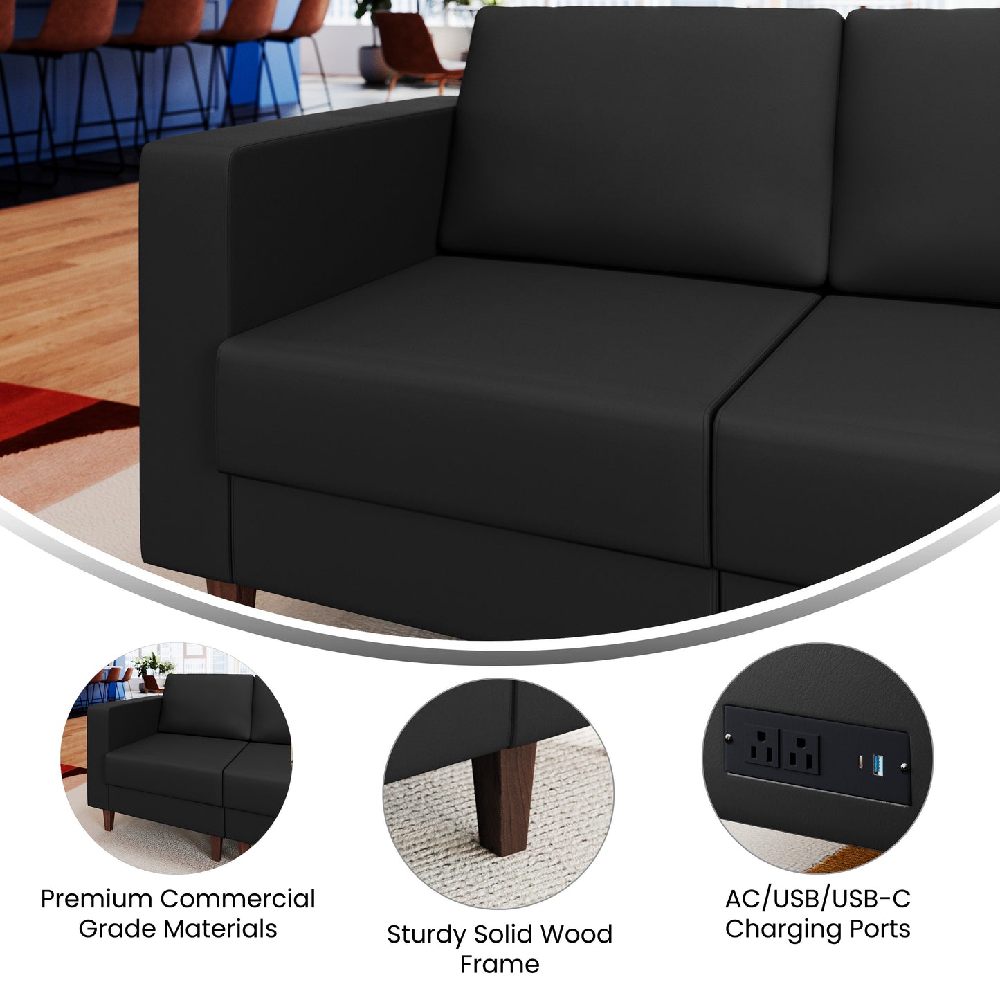 HERCULES Artemis Black LeatherSoft Left Arm Reception Chair, 2 AC Outlets/1 USB/1 USB-C Ports and Wooden Walnut Legs with Adjustable Floor Glides Black