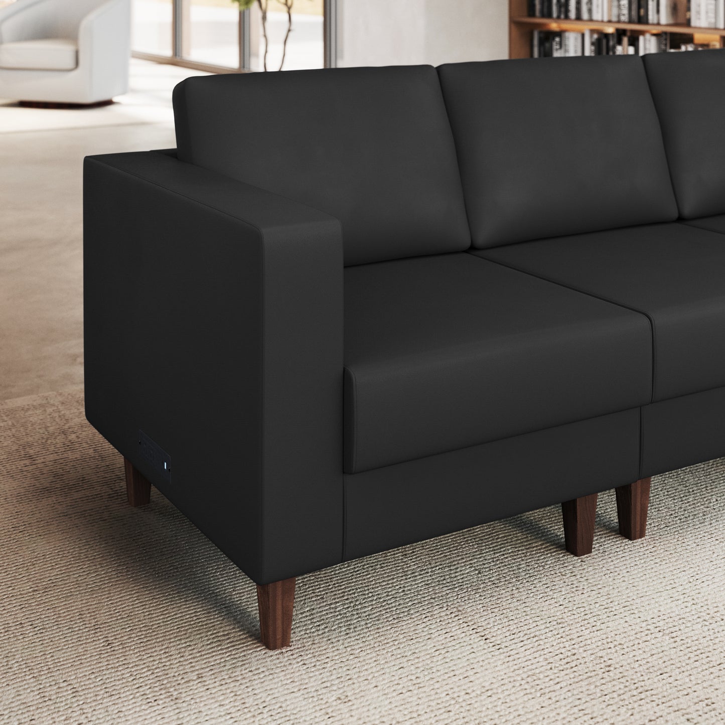HERCULES Artemis Black LeatherSoft Left Arm Reception Chair, 2 AC Outlets/1 USB/1 USB-C Ports and Wooden Walnut Legs with Adjustable Floor Glides Black