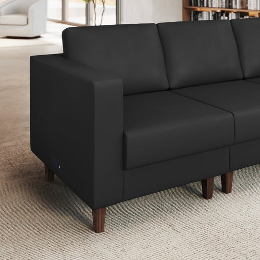 HERCULES Artemis Black LeatherSoft Left Arm Reception Chair, 2 AC Outlets/1 USB/1 USB-C Ports and Wooden Walnut Legs with Adjustable Floor Glides Black