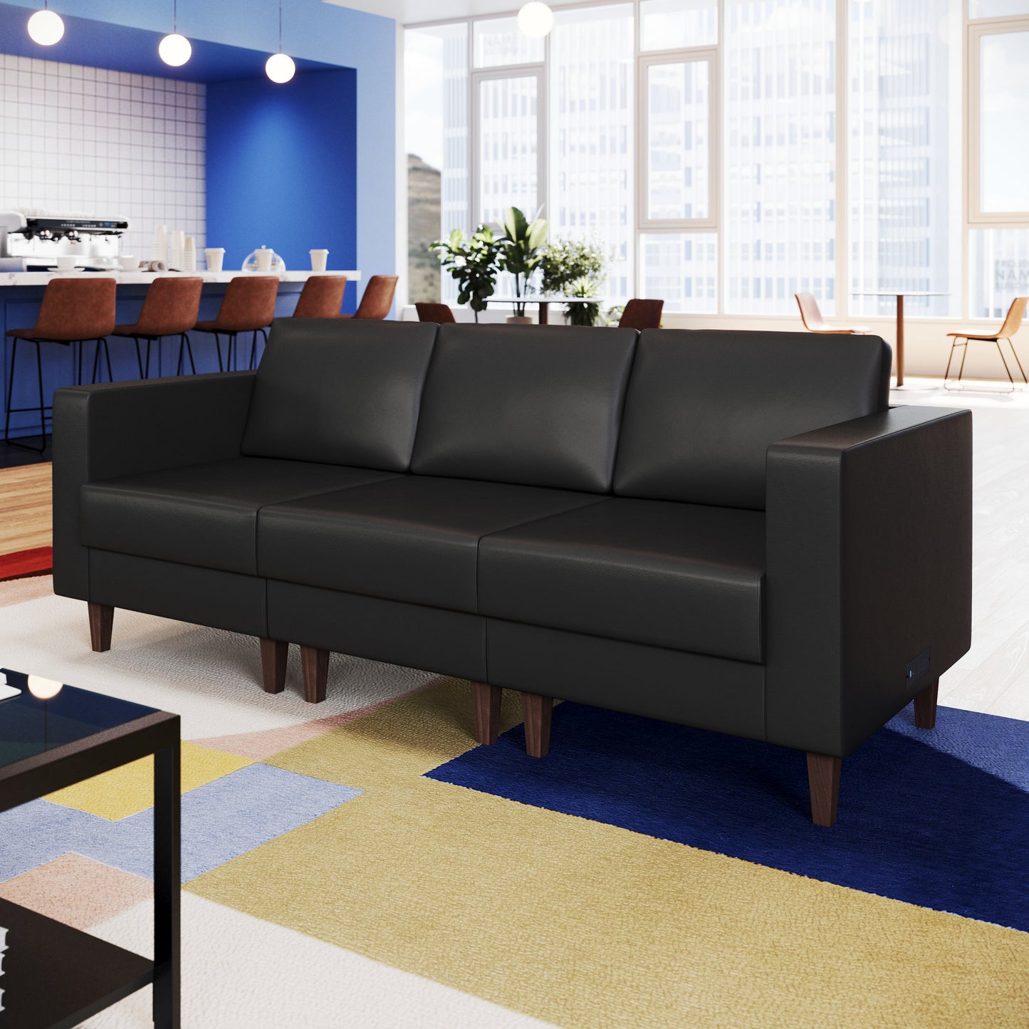 HERCULES Artemis Black LeatherSoft Left Arm Reception Chair, 2 AC Outlets/1 USB/1 USB-C Ports and Wooden Walnut Legs with Adjustable Floor Glides Black