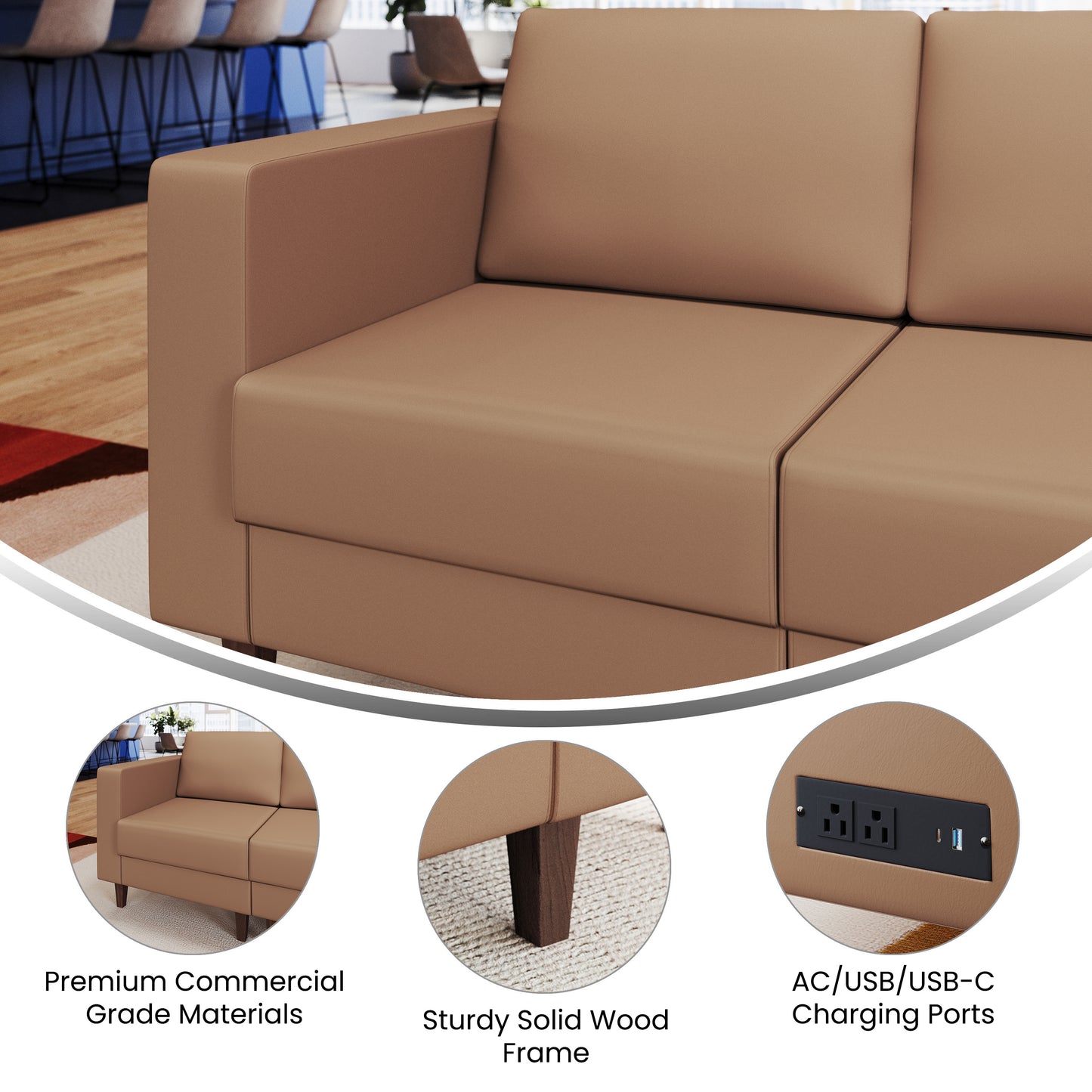 HERCULES Artemis Cognac LeatherSoft Left Arm Reception Chair, 2 AC Outlets/1 USB/1 USB-C Ports and Wooden Walnut Legs with Adjustable Floor Glides Cognac