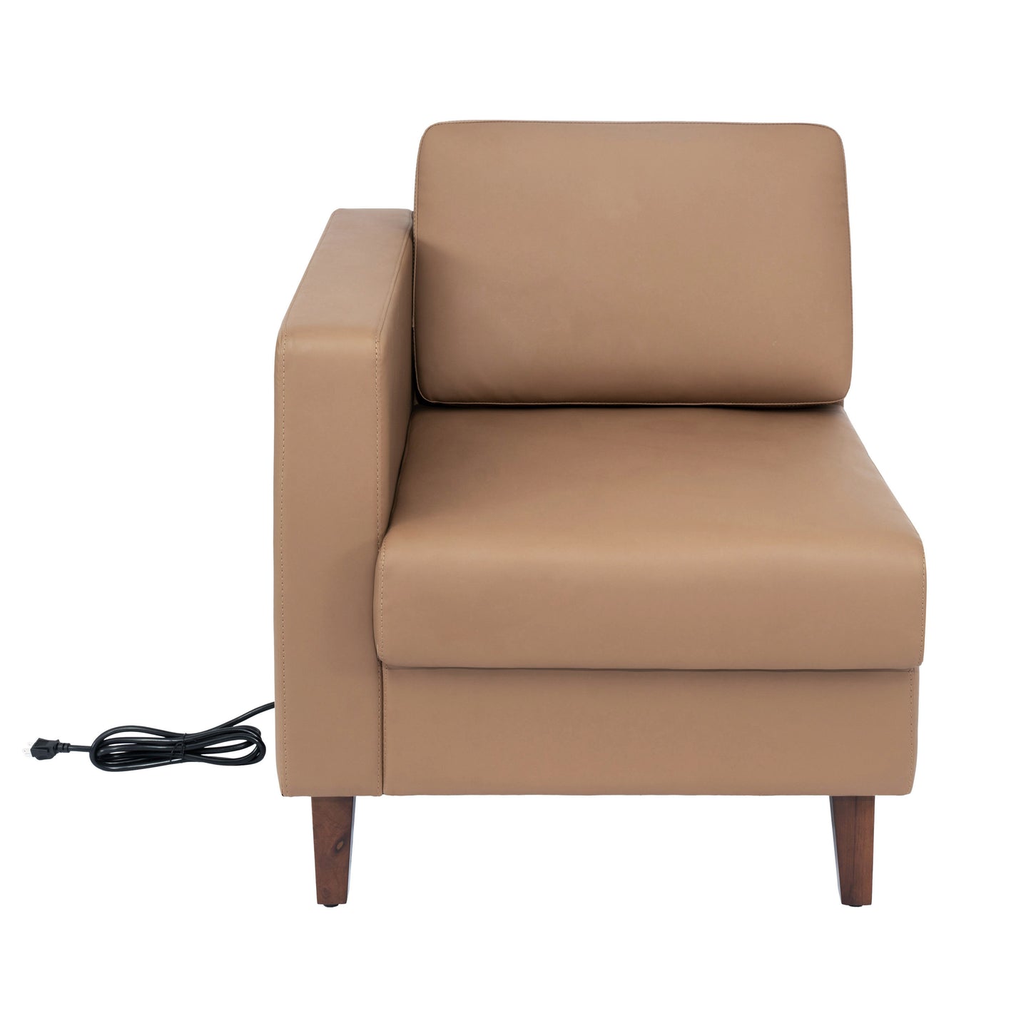 HERCULES Artemis Cognac LeatherSoft Left Arm Reception Chair, 2 AC Outlets/1 USB/1 USB-C Ports and Wooden Walnut Legs with Adjustable Floor Glides Cognac