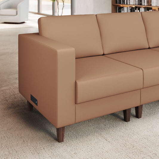 HERCULES Artemis Cognac LeatherSoft Left Arm Reception Chair, 2 AC Outlets/1 USB/1 USB-C Ports and Wooden Walnut Legs with Adjustable Floor Glides Cognac