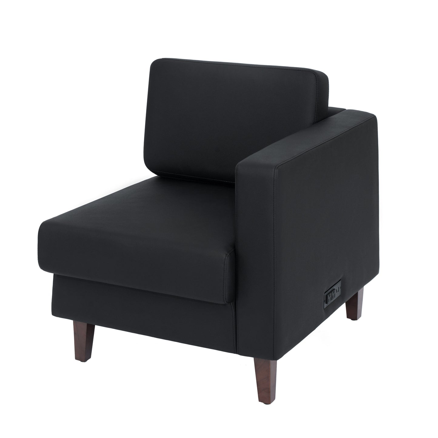 HERCULES Artemis Black LeatherSoft Right Arm Reception Chair, 2 AC Outlets/1 USB/1 USB-C Ports and Wooden Walnut Legs with Adjustable Floor Glides Black