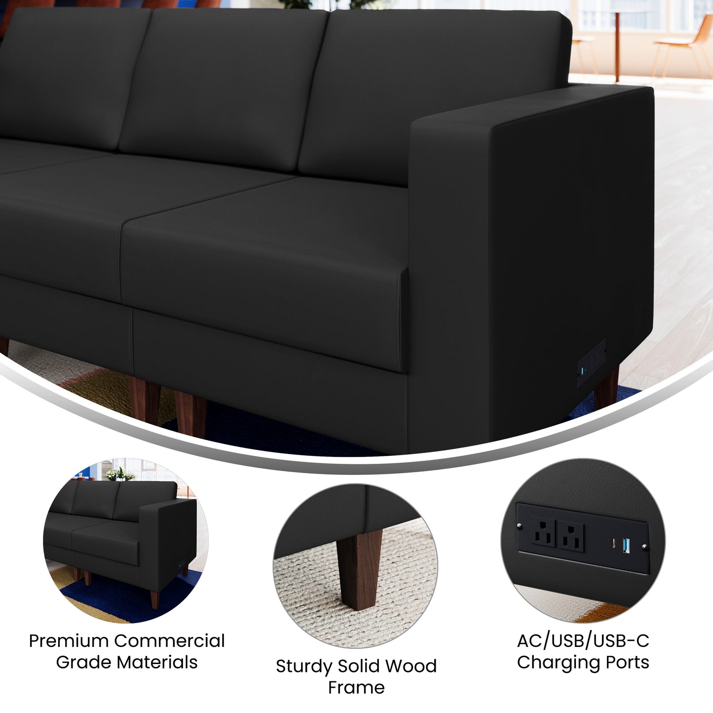 HERCULES Artemis Black LeatherSoft Right Arm Reception Chair, 2 AC Outlets/1 USB/1 USB-C Ports and Wooden Walnut Legs with Adjustable Floor Glides Black