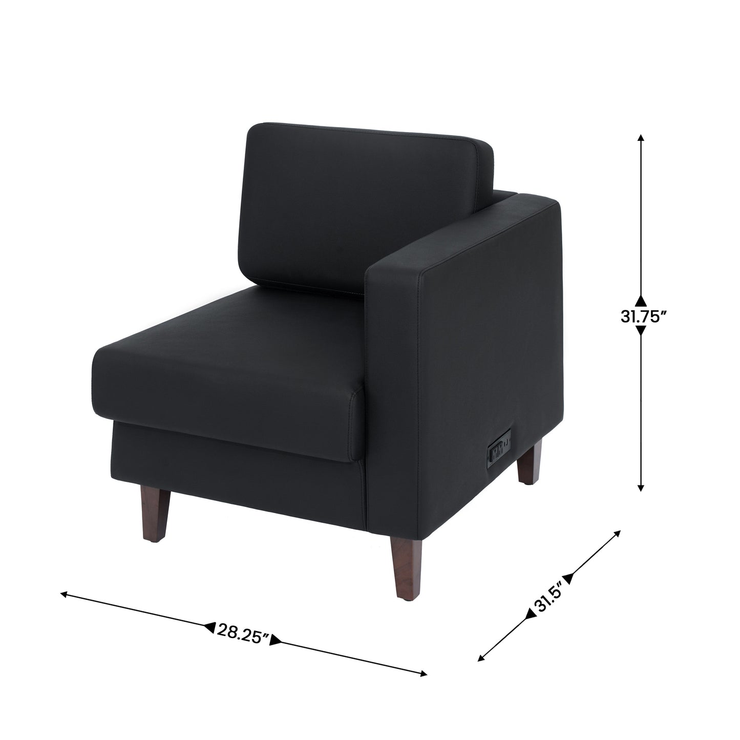 HERCULES Artemis Black LeatherSoft Right Arm Reception Chair, 2 AC Outlets/1 USB/1 USB-C Ports and Wooden Walnut Legs with Adjustable Floor Glides Black
