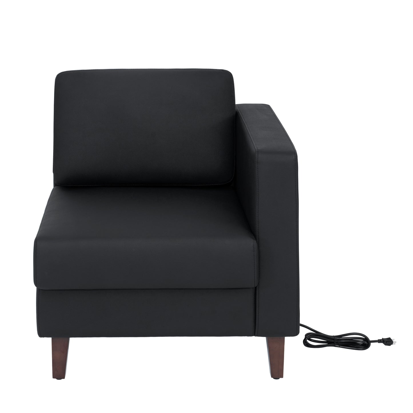 HERCULES Artemis Black LeatherSoft Right Arm Reception Chair, 2 AC Outlets/1 USB/1 USB-C Ports and Wooden Walnut Legs with Adjustable Floor Glides Black