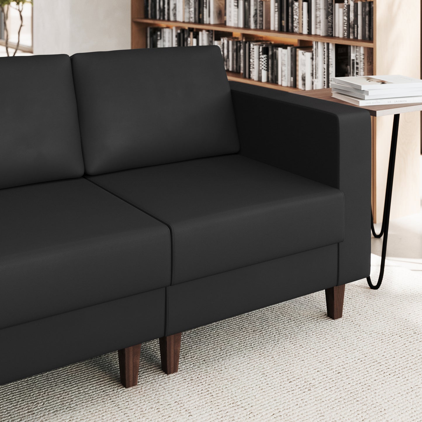 HERCULES Artemis Black LeatherSoft Right Arm Reception Chair, 2 AC Outlets/1 USB/1 USB-C Ports and Wooden Walnut Legs with Adjustable Floor Glides Black