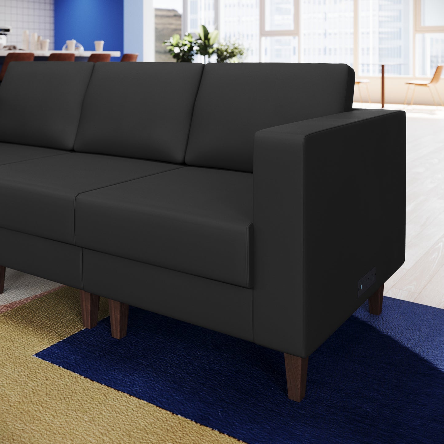 HERCULES Artemis Black LeatherSoft Right Arm Reception Chair, 2 AC Outlets/1 USB/1 USB-C Ports and Wooden Walnut Legs with Adjustable Floor Glides Black