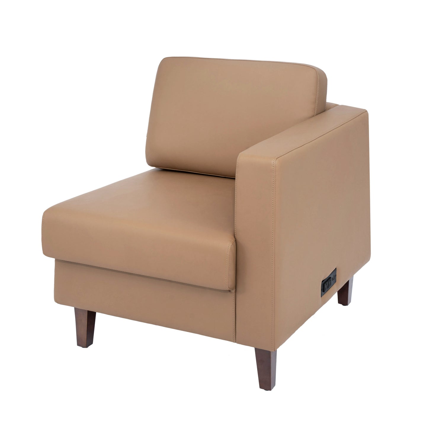 HERCULES Artemis Cognac LeatherSoft Right Arm Reception Chair, 2 AC Outlets/1 USB/1 USB-C Ports and Wooden Walnut Legs with Adjustable Floor Glides Cognac