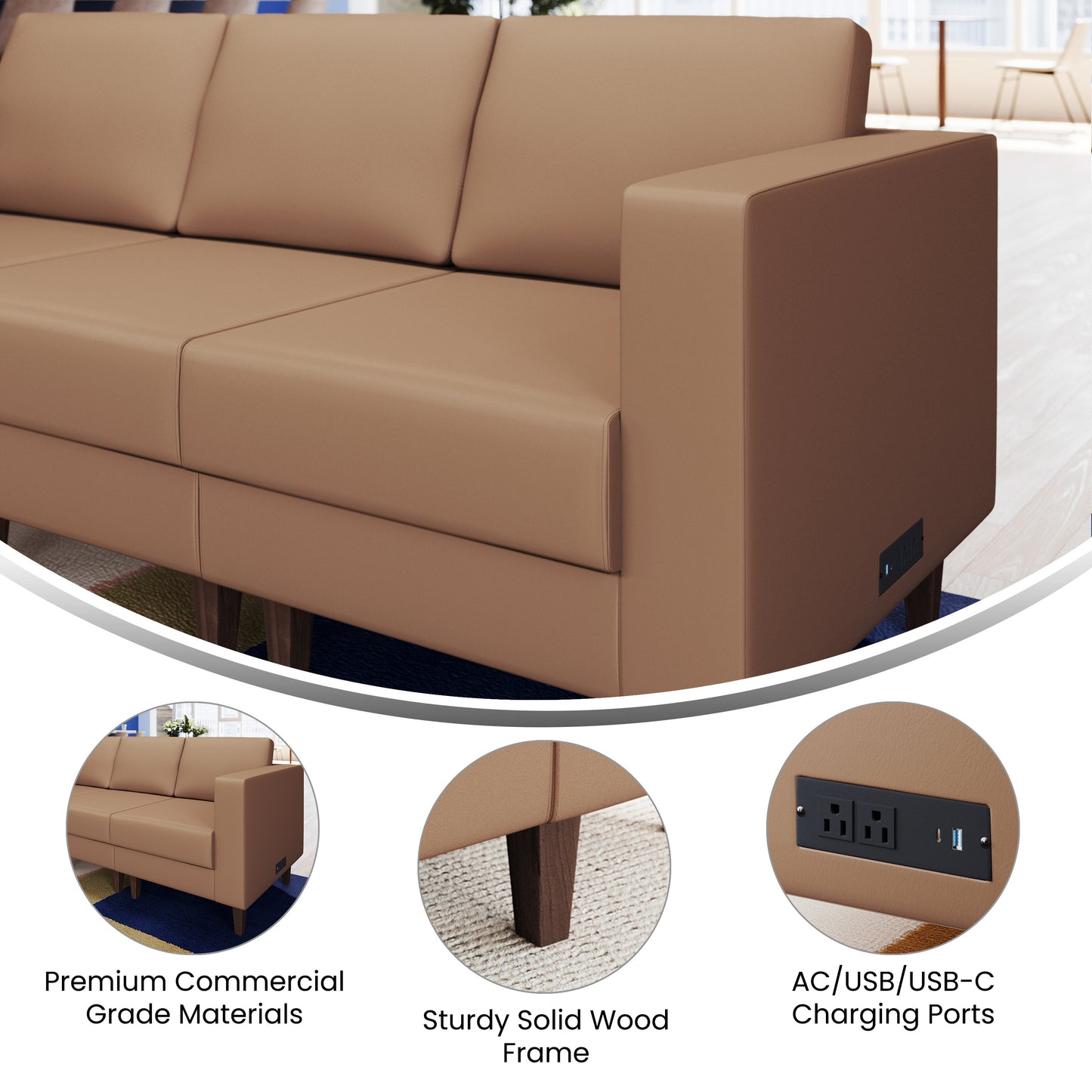 HERCULES Artemis Cognac LeatherSoft Right Arm Reception Chair, 2 AC Outlets/1 USB/1 USB-C Ports and Wooden Walnut Legs with Adjustable Floor Glides Cognac